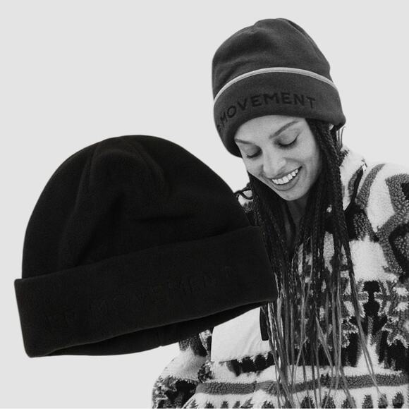 Free People FP Movement Spellout Fleece Flat Out Cuffed Beanie Hat in Black - Picture 2 of 8